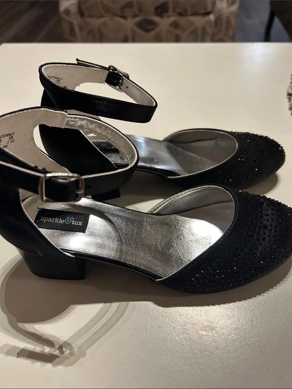 Girls' Black Ankle-Strap Dress Heels with Sparkle Accents